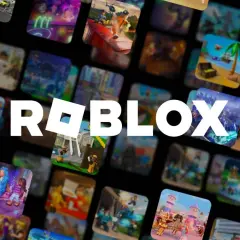Logo Roblox otoczone mozaiką z miniaturkami fajne gry na roblox. Widać różne światy i postacie z gier.