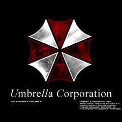 Logo Umbrella Corporation z napisem "Our business is life itself." i ostrzeżeniem o systemie bezpieczeństwa.