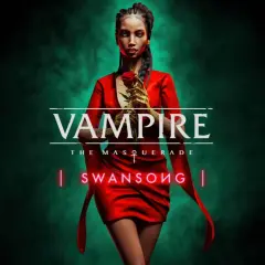 Kobieta w czerwonej sukience trzyma złotą różę. Napis "Vampire The Masquerade Swansong" sugeruje mroczny świat gry.