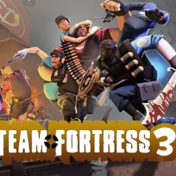 Dynamiczna scena z gry **Team Fortress 3**, gdzie postacie walczą w chaotycznym starciu, z wybuchami i laserami.