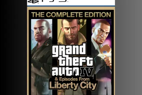 Okładka gry Grand Theft Auto IV: The Complete Edition na PS5. Trzech bohaterów, Niko, Johnny i Luis, patrzy wprost na gracza.