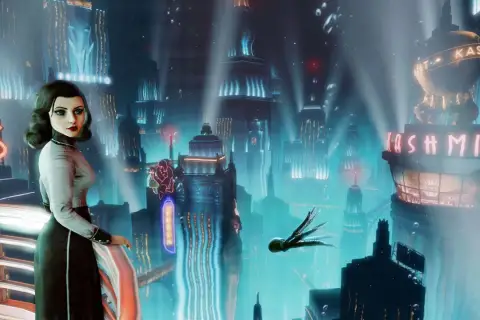 Elizabeth wpatruje się w neonowe miasto, które mogłoby być tłem dla **Bioshock 4**. W oddali widać latającą ośmiornicę.