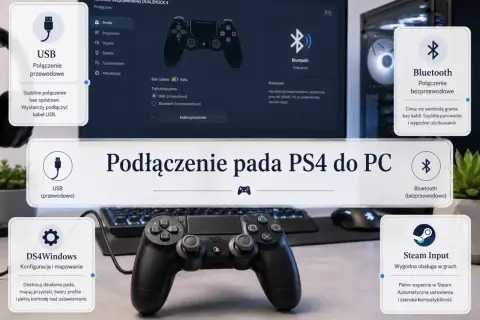 Podłączanie pada PS4 do PC przez USB lub Bluetooth. DS4Windows pozwala na pełną konfigurację i mapowanie przycisków.