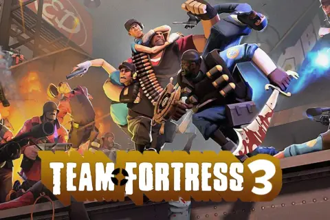 Dynamiczna scena z gry **Team Fortress 3**, gdzie postacie walczą w chaotycznym starciu, z wybuchami i laserami.