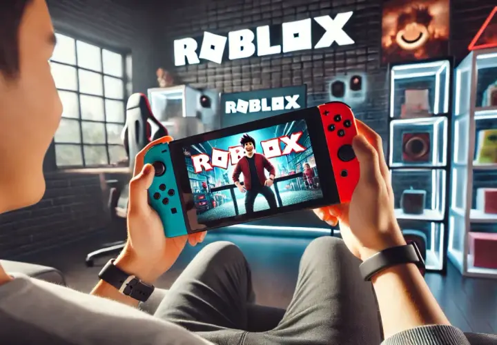 Gracz trzyma konsolę Nintendo Switch, na której wyświetla się logo Roblox.