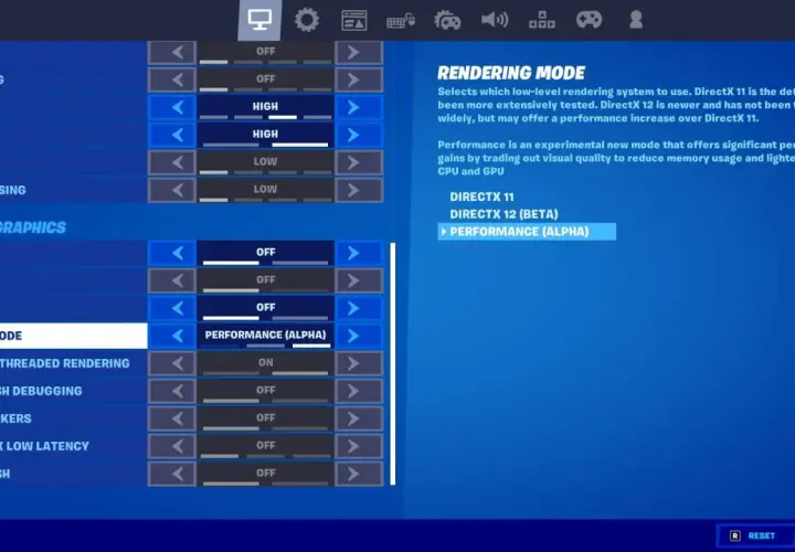 Ustawienia graficzne Fortnite: tryb renderowania DirectX 12 (Beta) Performance (Alpha) dla lepszej wydajności. Sprawdź Fortnite wymagania.