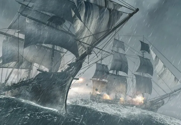 Dwa żaglowce walczą na wzburzonym morzu podczas burzy. Scena jak z gier o piratach, pełna akcji i dramatyzmu.