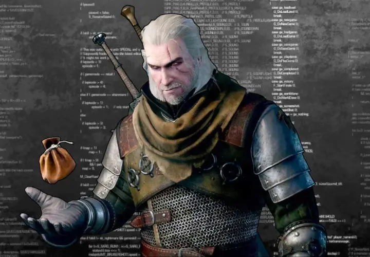 Geralt z Rivii, otoczony kodem gry Wiedźmin 3, trzyma sakiewkę złota.