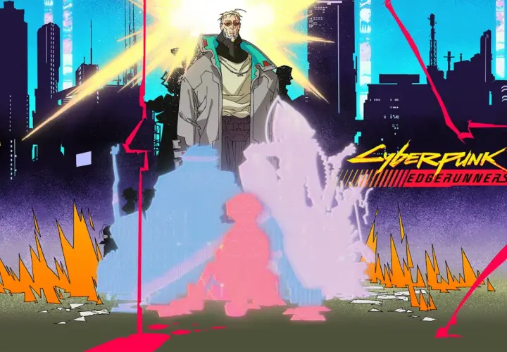 Postapokaliptyczna wizja miasta z **Cyberpunk Edgerunners 2**. Postacie w neonowych barwach, płomienie i sylwetki budynków.