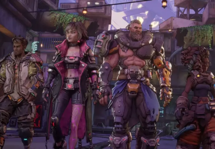 Czterech nowych **borderlands 4 characters** w futurystycznym mieście.