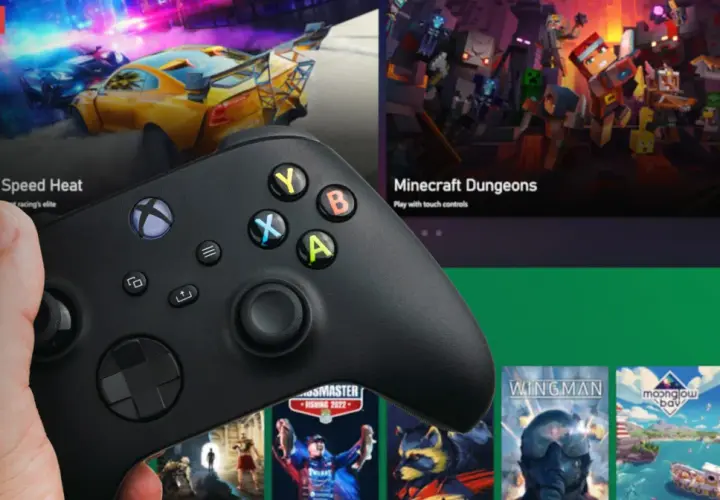 Dłoń trzyma kontroler Xbox, gotowa do gry. Na ekranie widać gry: Need for Speed Heat i Minecraft Dungeons. Kiedy nowy Xbox, to czas na nowe przygody!