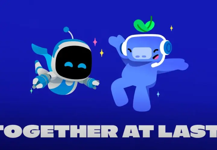 Astro Bot i niebieski stworek z Discorda świętują razem, gotowi na wspólne granie na PS5.