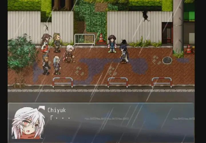 Postacie z gry jrpg stoją na mokrej ulicy w deszczu. W dolnej części ekranu widać portret postaci o imieniu Chiyuk.