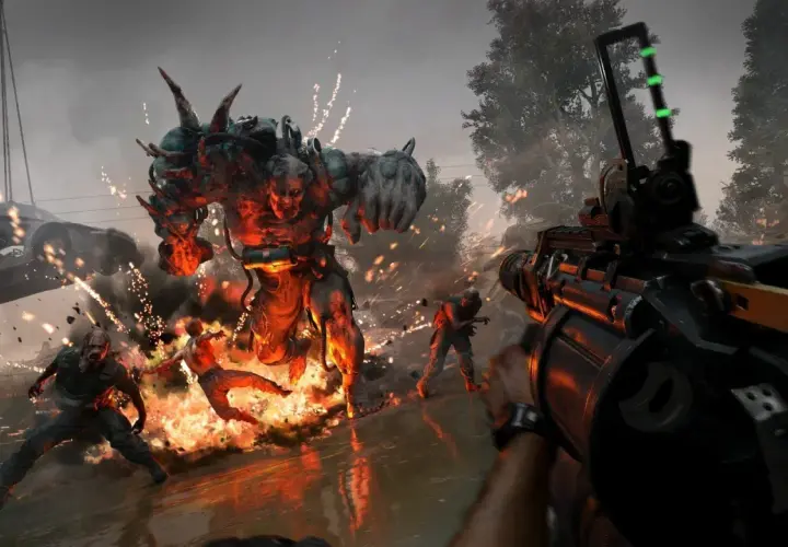 Gracz celuje z broni w potężnego potwora w płomieniach, walcząc z zombie. To scena z gry Dying Light The Beast, gdzie wymagania sprzętowe są kluczowe.
