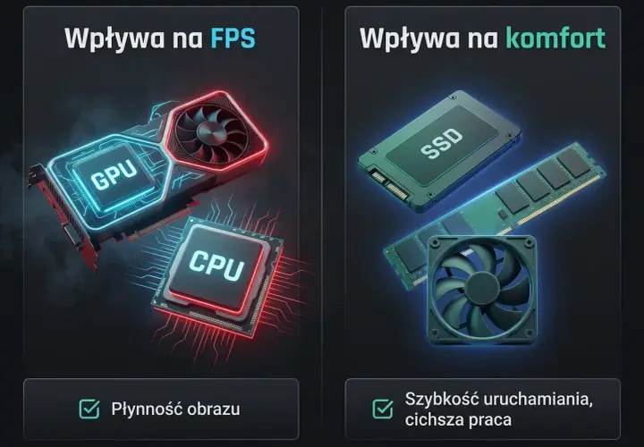 Karta graficzna i procesor wpływają na FPS w grach. Dysk SSD i RAM zapewniają komfort i szybkość.
