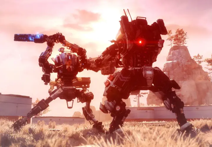 Dwa tytany w akcji, gotowe do walki w świecie Titanfall 3. Jeden z nich celuje bronią, drugi ma czerwone oko.