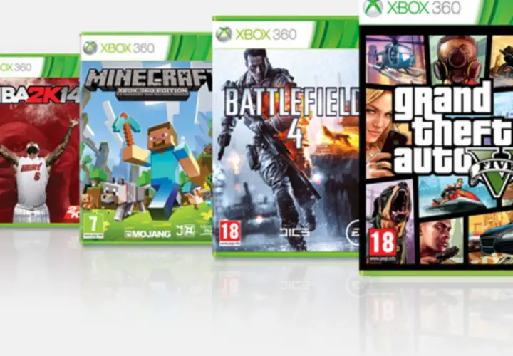 Okładki gier na Xbox 360: NBA 2K14, Minecraft, Battlefield 4, Grand Theft Auto V. Dowiedz się, jak pobrać gry na Xboxa 360.