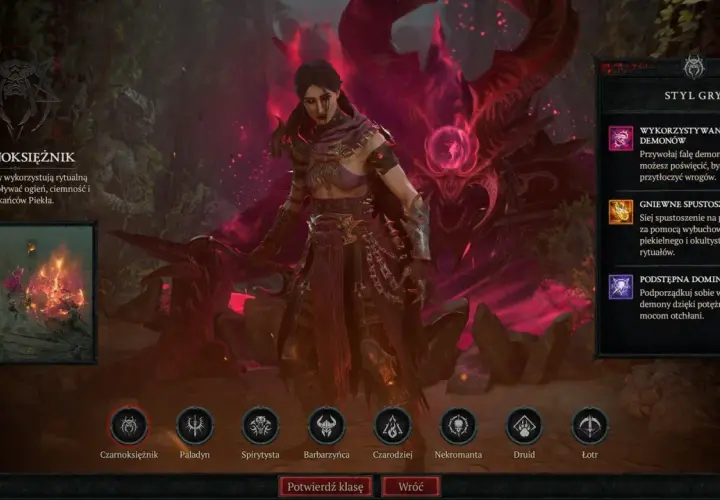 Czarnoksiężniczka z Diablo 4 Sezon 10, otoczona piekielnym ogniem i demonami, gotowa do rytualnej walki.
