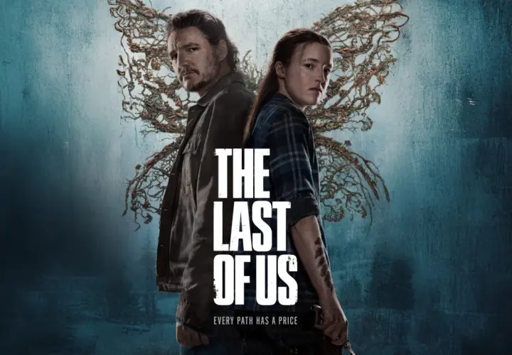 Joel i Ellie, bohaterowie serialu The Last of Us sezon 2, stoją plecami do siebie na tle mrocznego, niebieskiego tła z motywem grzybni.