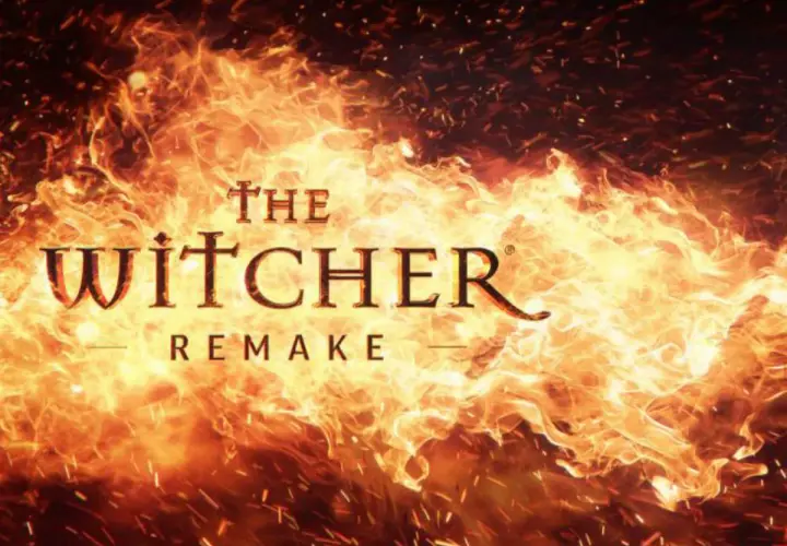 Płomienie otaczają napis "The Witcher Remake". Zapowiada to gorącą przygodę w odświeżonej wersji gry Wiedźmin 1.