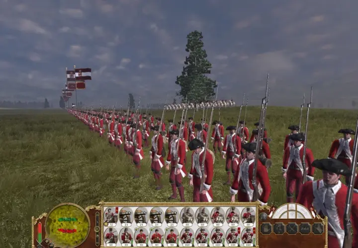 Żołnierze w czerwonych mundurach maszerują w formacji w grze Empire Total War. Flagi powiewają na wietrze.