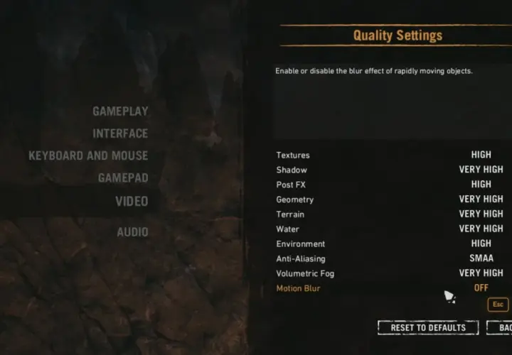 Ustawienia jakości grafiki w Far Cry Primal. Widoczne opcje to m.in. tekstury, cienie, geometria, woda, ruchomy blur.