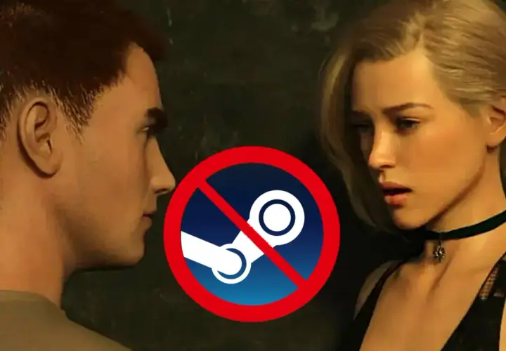 Para, która patrzy na siebie, z przekreślonym logo Steam. To gra bez litości, której nie znajdziesz na tej platformie.