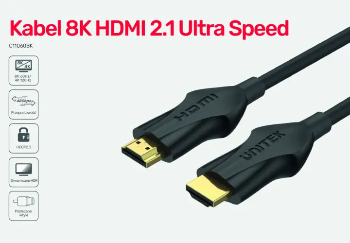 Kabel 8K HDMI 2.1 Ultra Speed z przepustowością 48 Gbps, obsługujący 8K 60Hz i 4K 120Hz.