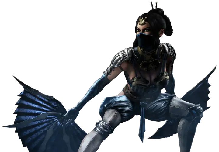 Kitana Mortal Kombat w niebieskim stroju, z maską na twarzy i wachlarzami w dłoniach, gotowa do walki.