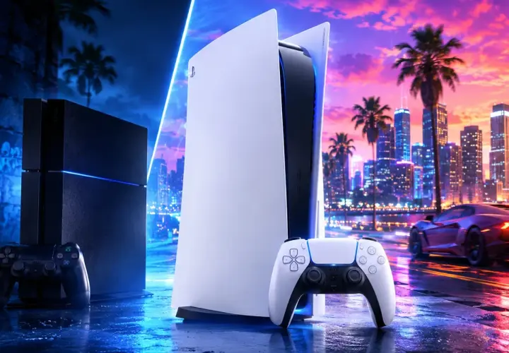 PlayStation 4 i 5 obok siebie, z neonowym miastem w tle. Czy GTA 6 będzie na PS4?