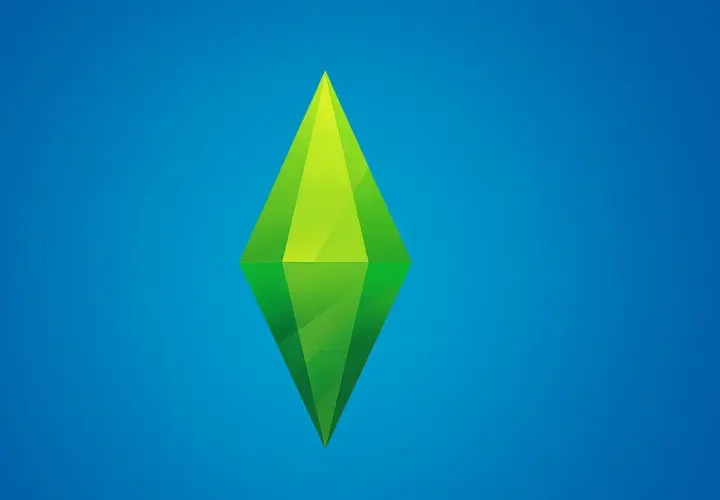 Zielony, geometryczny symbol na niebieskim tle. To logo The Sims 4, idealne do wyszukiwania kodów do gry.