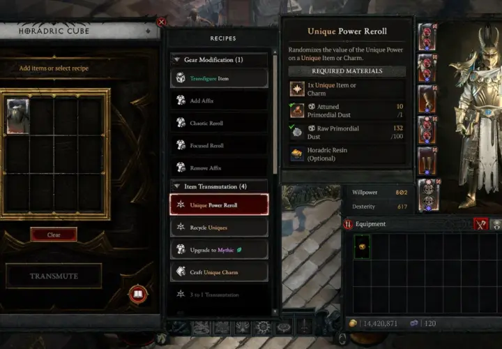 Diablo 4 nowy sezon: w Kostce Horadrymów wybierasz "Unikalne Przerobienie Mocy", by losować wartości unikalnych przedmiotów.