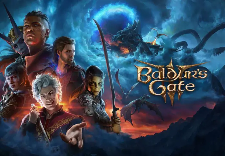 Postacie z Baldur's Gate 3 na tle dramatycznego nieba z smokami. Sprawdź, czy Twój sprzęt spełnia wymagania gry!