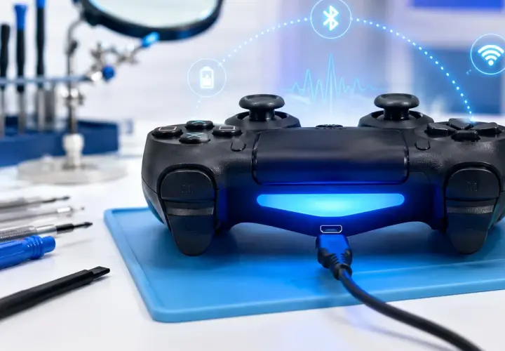 Jak podłączyć pada do PS4? Widok pada z podłączonym kablem USB, w tle narzędzia i ikony Bluetooth, Wi-Fi, baterii.