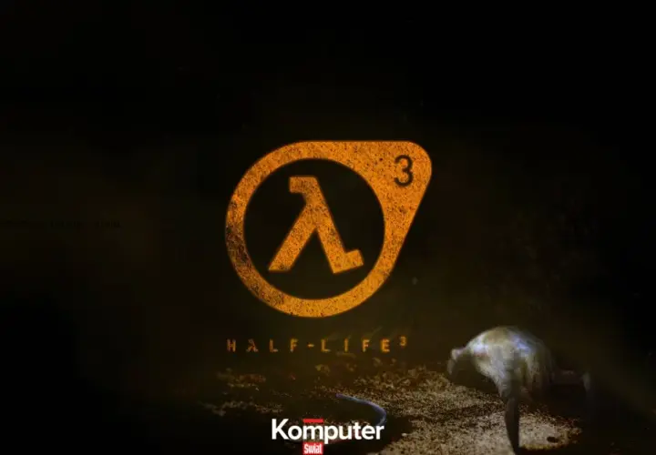 Pomarańczowe logo Half-Life 3 na ciemnym tle. W tle widać martwego Stridera.