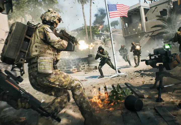 Żołnierze w kamuflażu walczą na **battlefield 7**, strzelając z broni, płonie ogień, a amerykańska flaga powiewa na wietrze.
