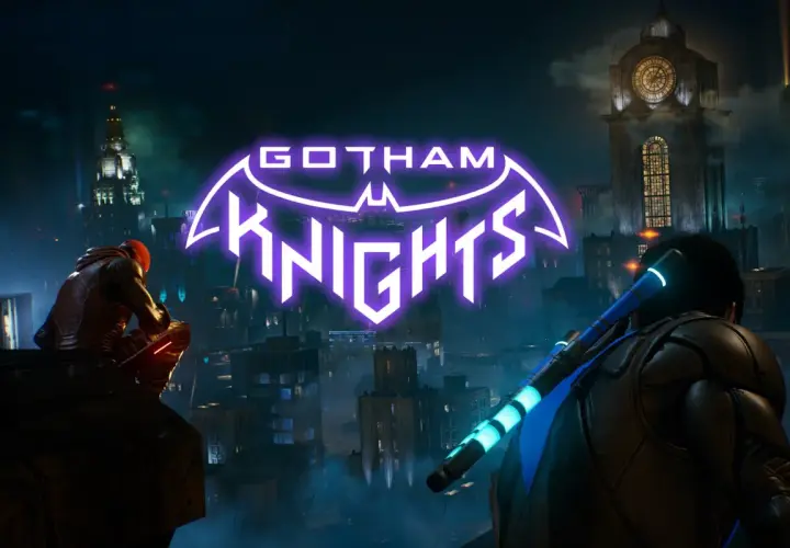 Rycerze Gotham czuwają nad miastem. Dwóch bohaterów na dachu, w tle neonowy napis "Gotham Knights" i mroczna panorama miasta.
