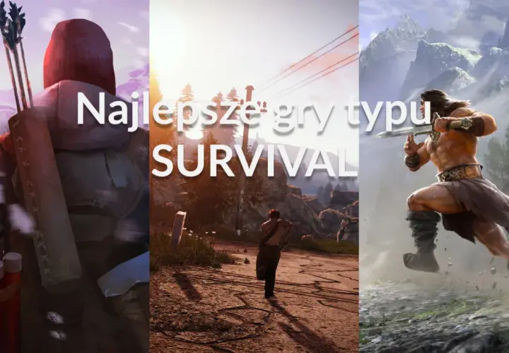 Trzy sceny z gier survival multiplayer: postać w zimowym krajobrazie, człowiek biegnący przez pustkowie i wojownik z mieczem.