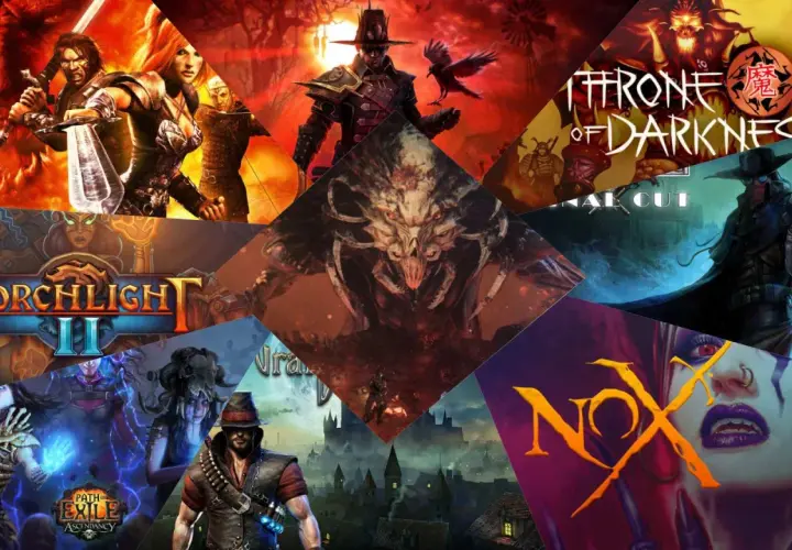 Kolaż z grafikami z gier podobnych do Diablo: Torchlight II, Path of Exile, Nox, Throne of Darkness i innych.