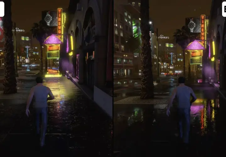 Porównanie grafiki GTA V: normalna vs. enhanced. Po prawej stronie widać ulepszoną wersję z lepszymi odbiciami i oświetleniem.