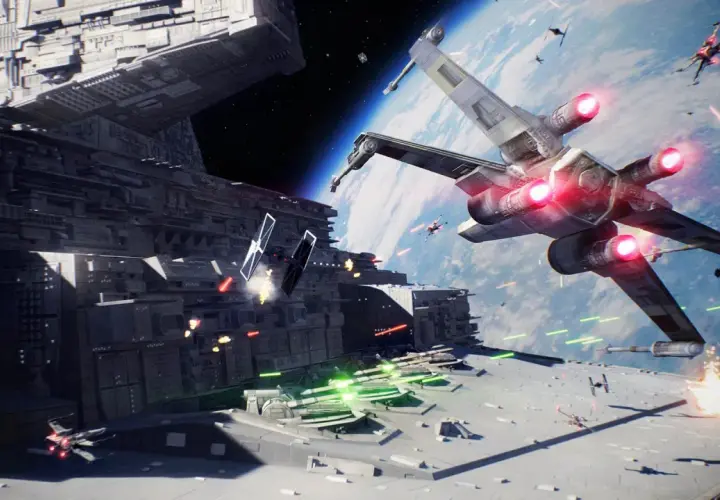 Intensywna bitwa kosmiczna w stylu Star Wars Battlefront 3. X-wing i myśliwce TIE walczą wokół ogromnego statku kosmicznego na tle planety.