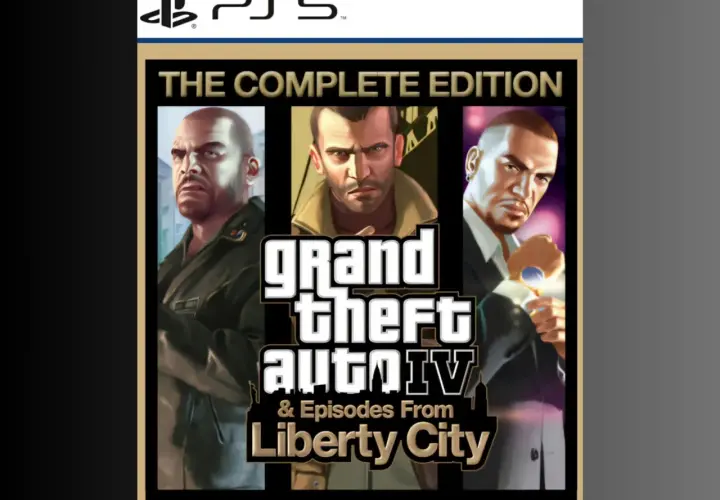 Okładka gry Grand Theft Auto IV: The Complete Edition na PS5. Trzech bohaterów, Niko, Johnny i Luis, patrzy wprost na gracza.