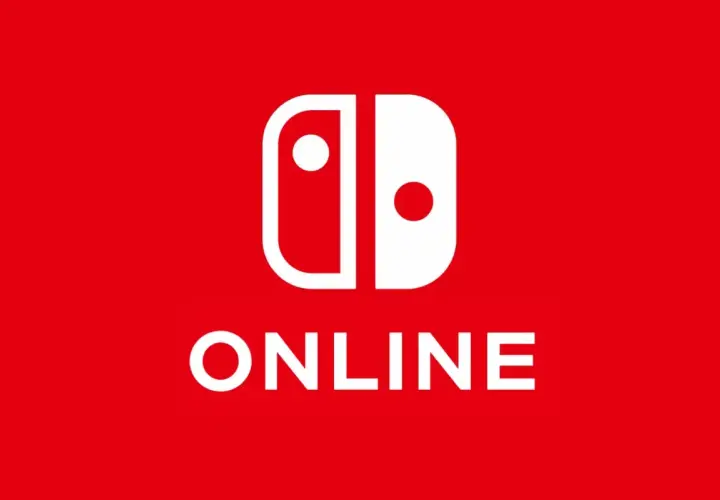 Białe logo Nintendo Switch Online na czerwonym tle. Ikona symbolizuje dwa Joy-Cony, a pod nią napis "ONLINE".
