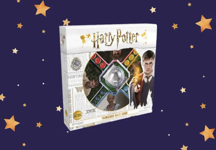 Pudełko z grami Harry Potter: Labirynt Trójmagiczny. Harry Potter z różdżką i innymi postaciami z filmu.