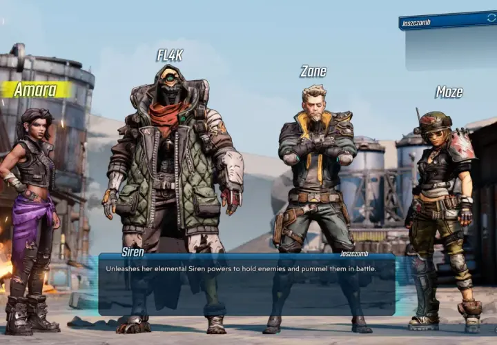 Amara, FL4K, Zane i Moze – ekipa bohaterów Borderlands 3 gotowa na przygodę.