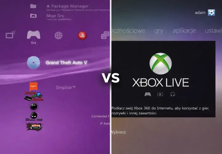 Porównanie interfejsów PS3 i Xbox 360. Zastanawiasz się, jak pobrać gry na Xbox 360 za darmo? Ten obrazek pokazuje menu obu konsol.