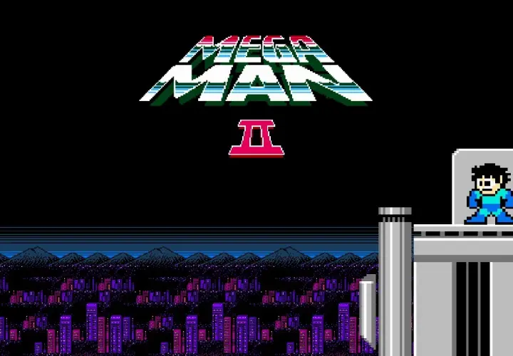Tytuł gry Mega Man 2 z niebieskim bohaterem na tle nocnego miasta i gór.