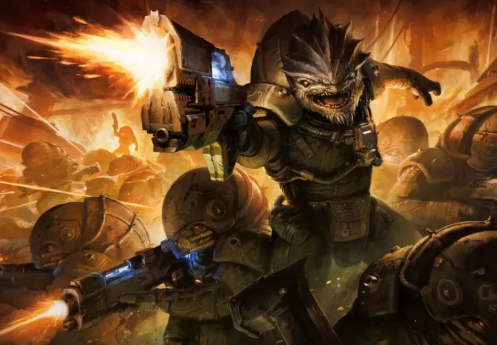 Potężna istota strzela z karabinu, otoczona przez żołnierzy w zbrojach. Zapowiada to epicką walkę w Mass Effect 5.