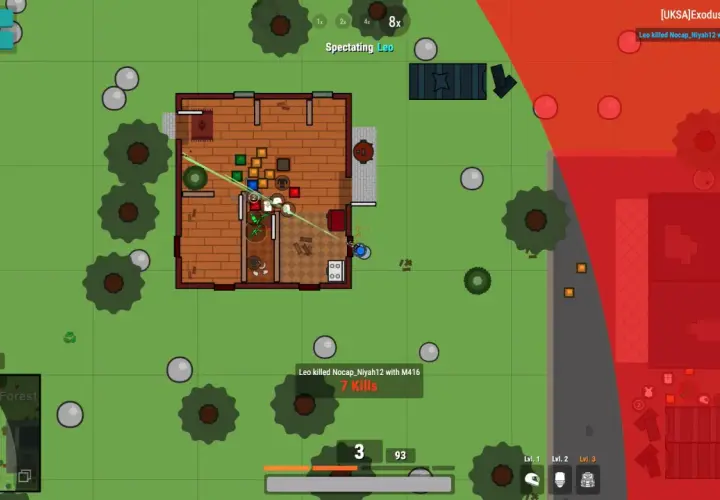 Gracz Leo w grze surviv.io walczy w domu, ma 7 zabójstw i M416. Czerwona strefa zbliża się.