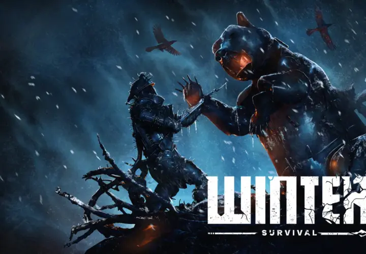 Zimowy niedźwiedź i wojownik walczą w śnieżycy. Grafika promuje grę "Winter Survival" od Drago Entertainment.